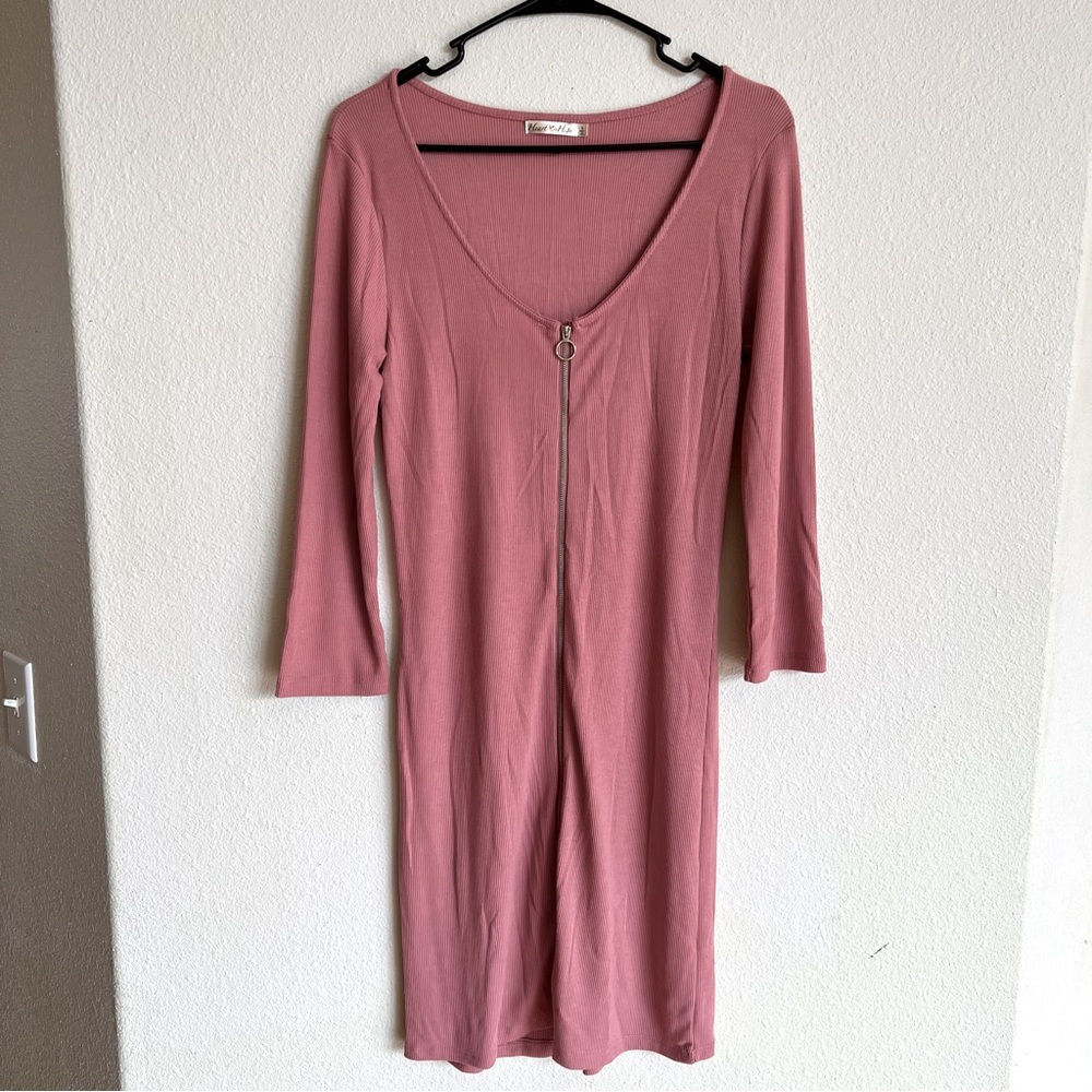 Heart & Hips Mauve Long Sleeve Zip Up Ribbed Fitted Dress